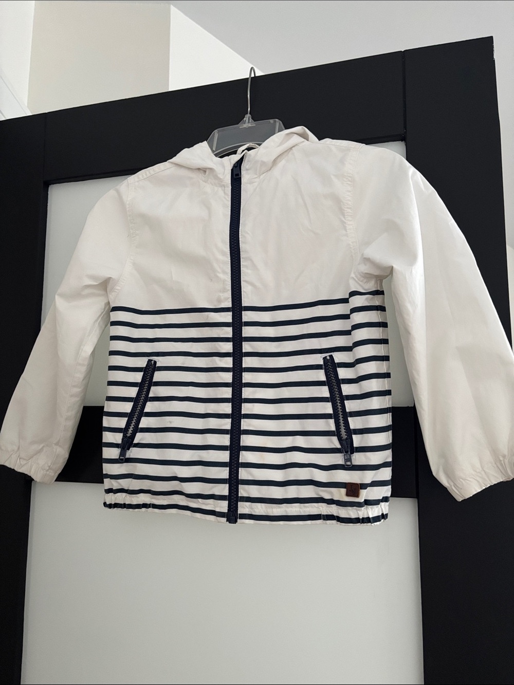 Janie and Jack Kids' White & Navy Striped Hooded Windbreaker Jacket